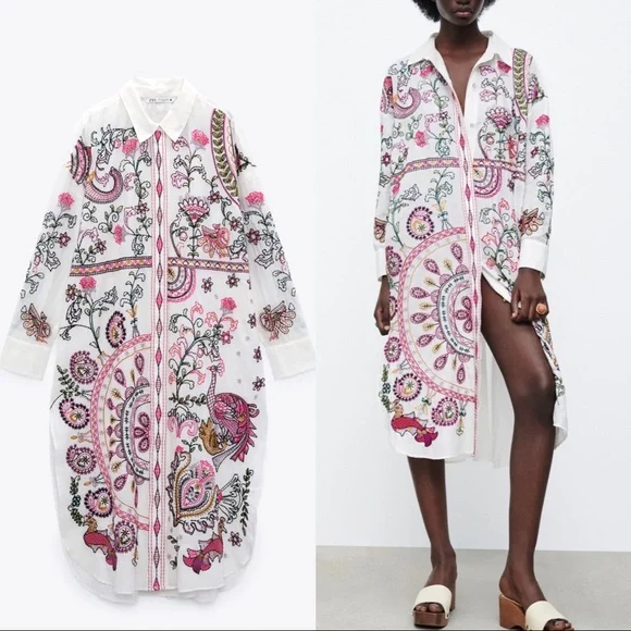 sachin and babi light blue dress Zara Zara Embroidered Midi Shirt Dress